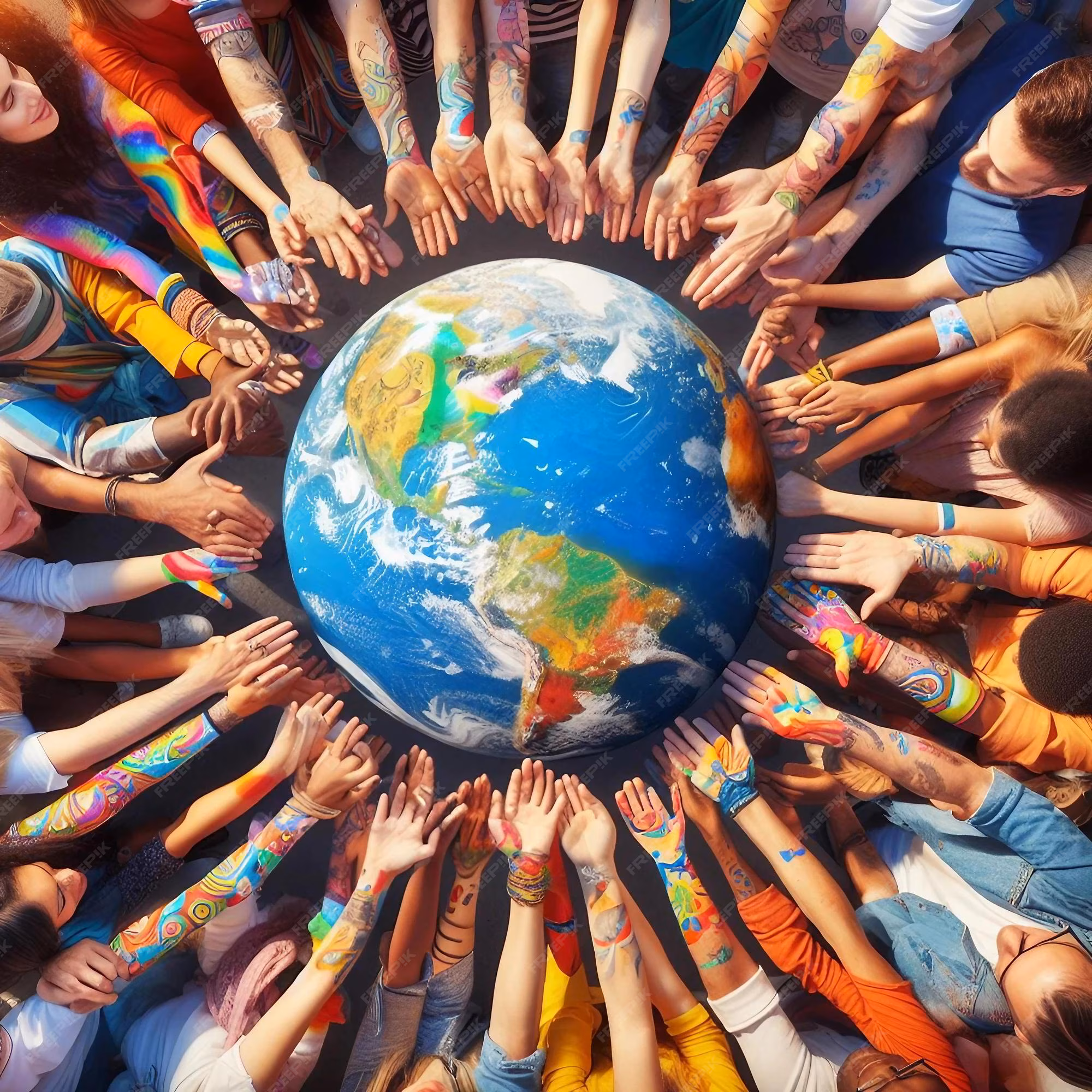 Diverse hands united around the Earth